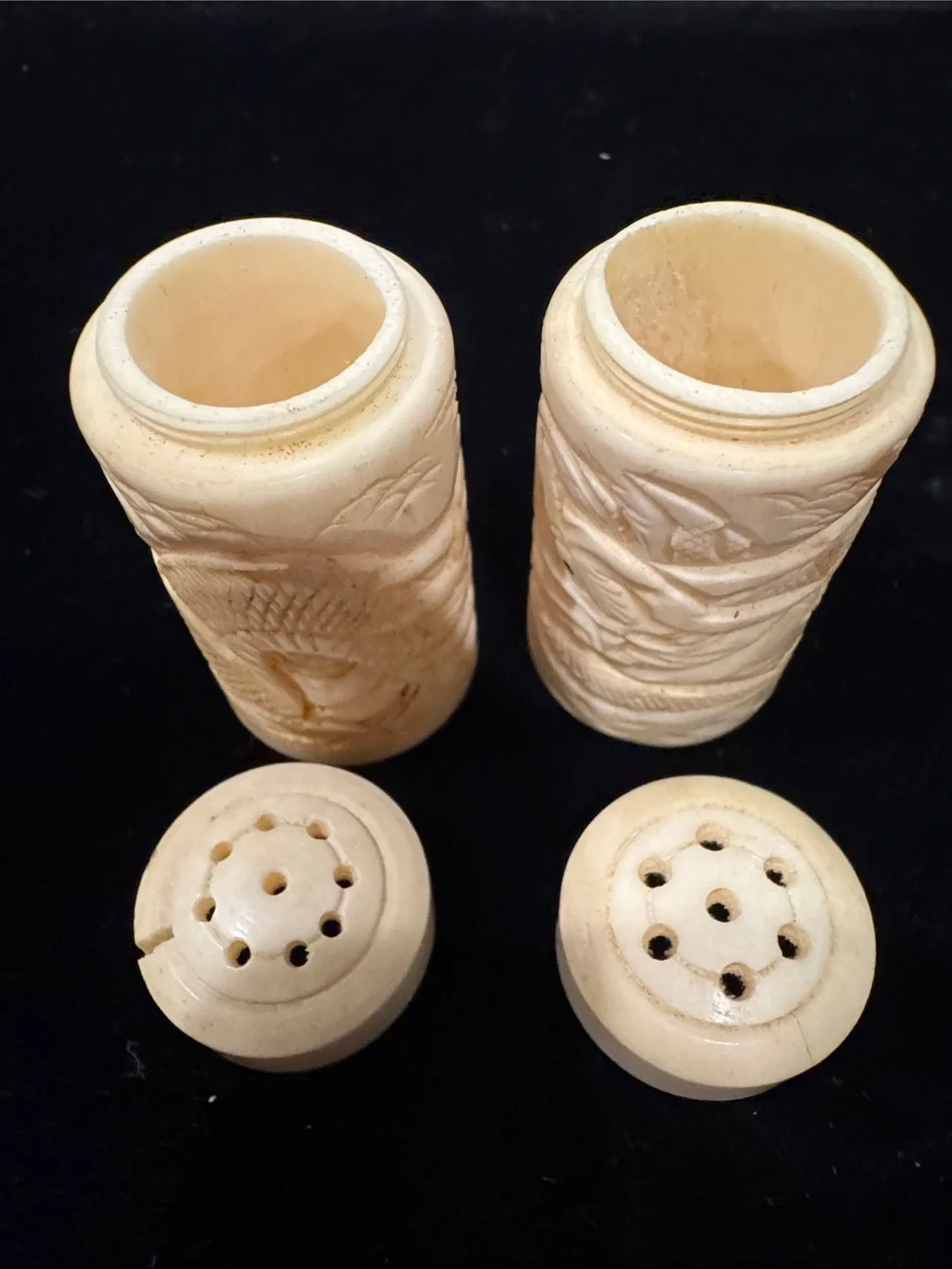 Vintage Set of Carved Faux Ivory (Bone?) Dragon Salt and Pepper Shakers AS-IS